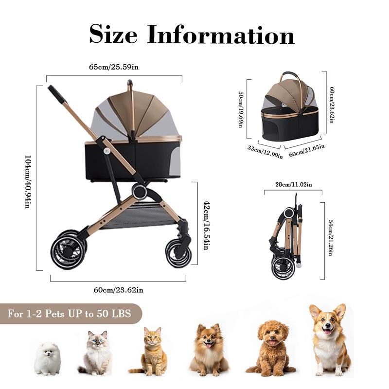 Pet Stroller for Dogs & Cats 4 Wheels Foldable Travel Carrier Waterproof Oxford Cloth with Storage Basket & Swivel Wheels for Comfortable Walks