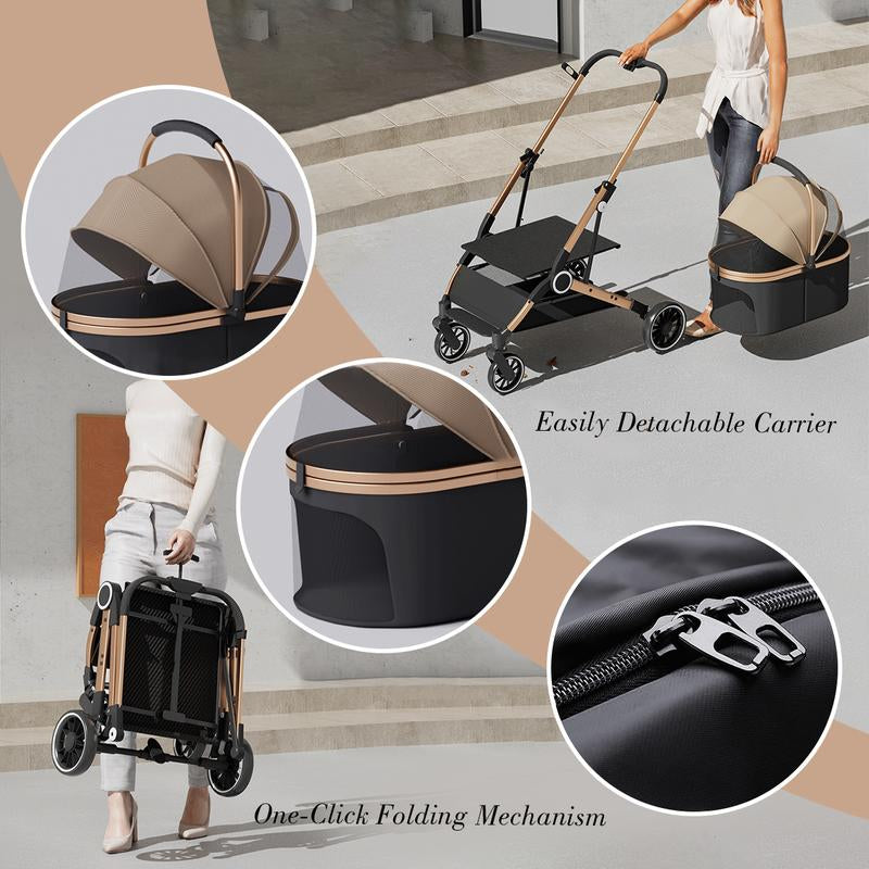 Pet Stroller for Dogs & Cats 4 Wheels Foldable Travel Carrier Waterproof Oxford Cloth with Storage Basket & Swivel Wheels for Comfortable Walks