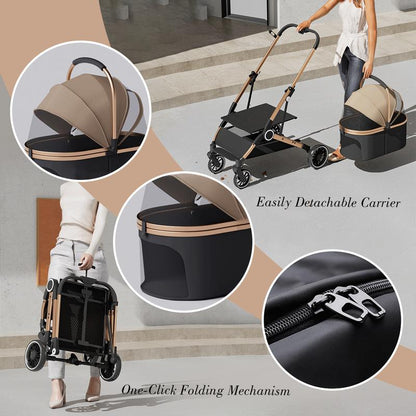 Pet Stroller for Dogs & Cats 4 Wheels Foldable Travel Carrier Waterproof Oxford Cloth with Storage Basket & Swivel Wheels for Comfortable Walks
