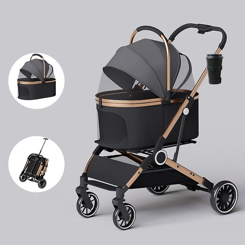Pet Stroller for Dogs & Cats 4 Wheels Foldable Travel Carrier Waterproof Oxford Cloth with Storage Basket & Swivel Wheels for Comfortable Walks