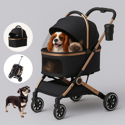 Pet Stroller for Dogs & Cats 4 Wheels Foldable Travel Carrier Waterproof Oxford Cloth with Storage Basket & Swivel Wheels for Comfortable Walks