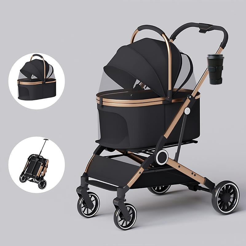Pet Stroller for Dogs & Cats 4 Wheels Foldable Travel Carrier Waterproof Oxford Cloth with Storage Basket & Swivel Wheels for Comfortable Walks