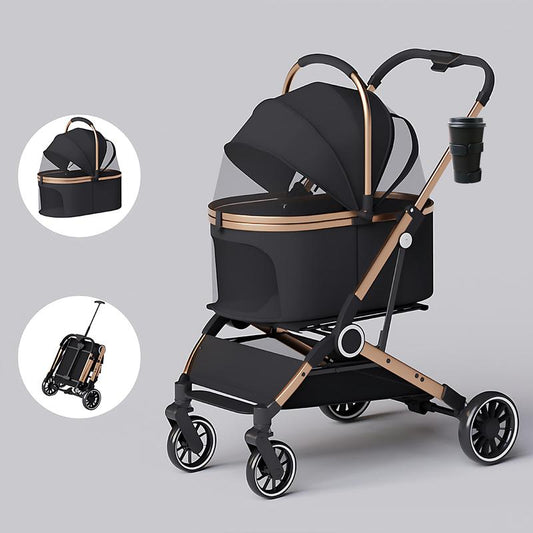 Pet Stroller for Dogs & Cats 4 Wheels Foldable Travel Carrier Waterproof Oxford Cloth with Storage Basket & Swivel Wheels for Comfortable Walks