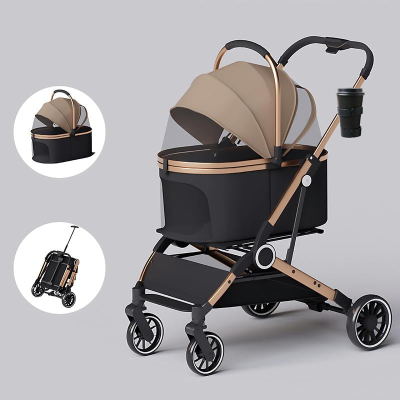 Pet Stroller for Dogs & Cats 4 Wheels Foldable Travel Carrier Waterproof Oxford Cloth with Storage Basket & Swivel Wheels for Comfortable Walks